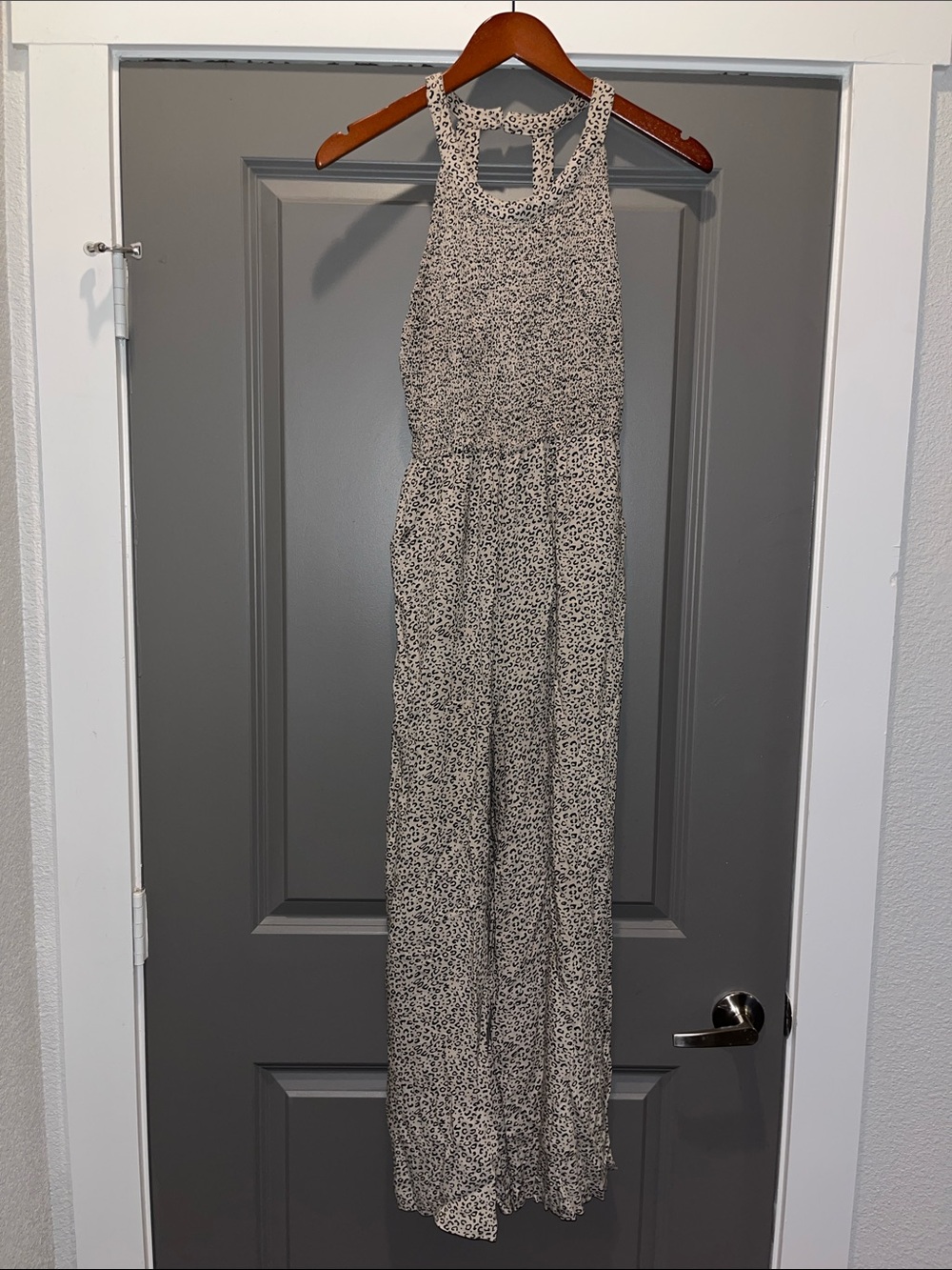 Jessica Simpson Ivory and Black Printed Halter Jumpsuit